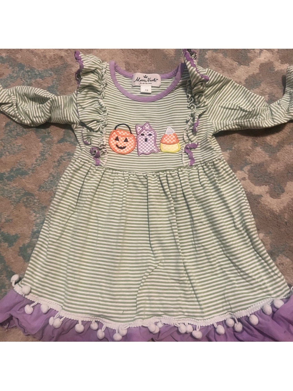 Marie Nicole Green & White Striped Dress with Purple Trim and Halloween Appliqué